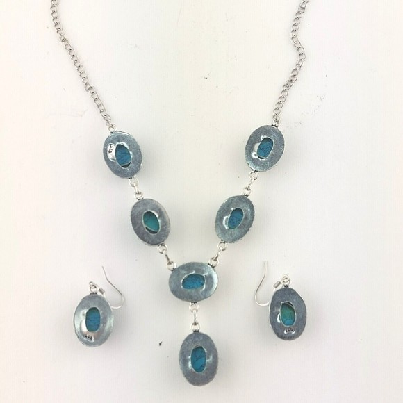 Turquoise Rope Design .925 Layered Stainless Steel Necklace Earring Set - Picture 6 of 6